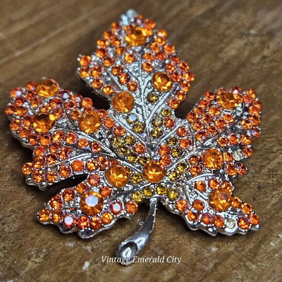 Maple Tree Leaf Brooch Orange Rhinestones Gold-Tone Autumn Pin Fall Warm Nature - Picture 11 of 12